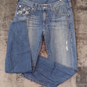 True Religion Jeans Mens 36x35 Blue Straight Leg Distressed Denim Made USA